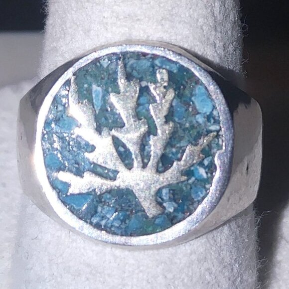 Inlay Ring Tree Leaf Vintage Sterling Silver Blue Stone 8.09 Grams Mexico 925